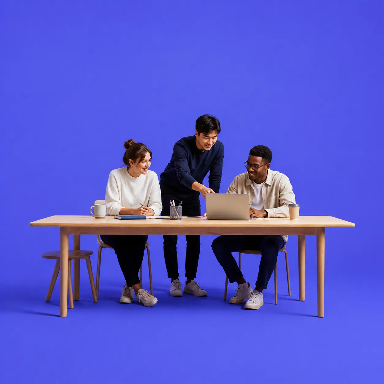 A diverse team of professionals collaborating around a table in a bright modern office.